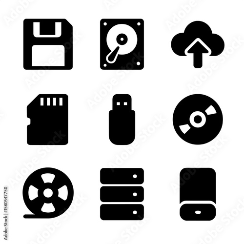 Recording Media Icons. Solid, filled icon set of recording media: floppy disk, hard drive, cloud upload, memory card, USB stick,