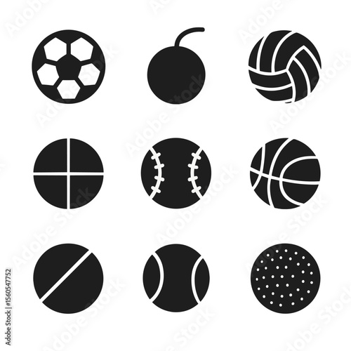 Recreational Balls Icons. Solid, filled icon set of recreational balls: handball, kickball, tetherball, four square ball,