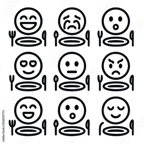 Dinner Emotion Icons. Solid, filled icon set of Emotional expressions at dinner: laughter, tears, surprise face, love heart, calm