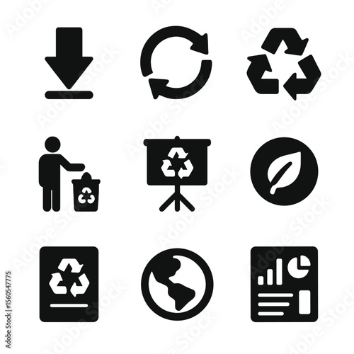 Recycling Awareness Icons. Solid, filled icon set of recycling awareness and actions: reduce icon, reuse icon, recycle icon,