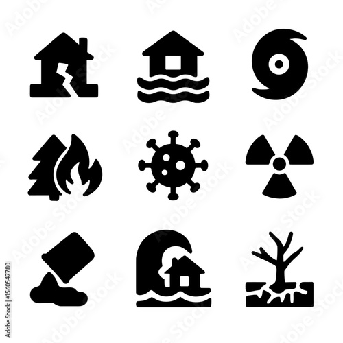 Disaster Icons Set. Solid, filled icon set of disaster types: earthquake, flood, hurricane, wildfire, pandemic, nuclear hazard,