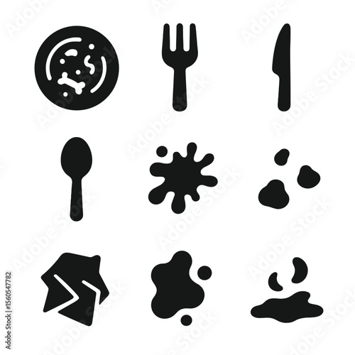 Dirty Dishes Icons. Solid, filled icon set of dirty plate elements: plate with food scraps, fork, knife, spoon, leftover sauce,