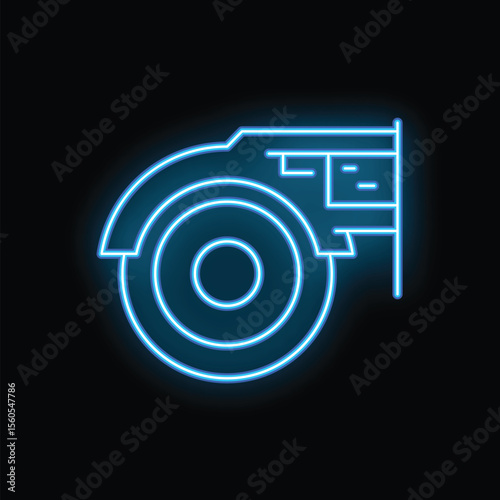 Blue neon icon of an angle grinder glowing on a black background