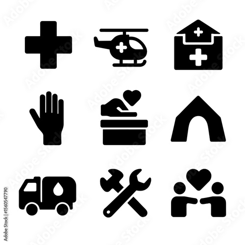 Disaster Recovery Icons. Solid, filled icon set of disaster recovery and aid: medical cross, rescue helicopter, aid package,