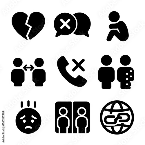 Relationship Effects Icons. Solid, filled icon set of effects on personal relationships: broken heart, crossed speech bubbles,