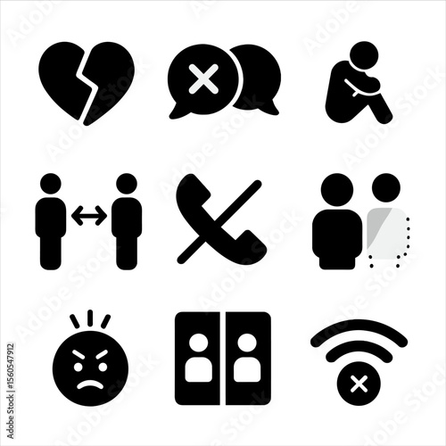 Relationship Effects Icons. Solid, filled icon set of effects on personal relationships: broken heart, crossed speech bubbles,