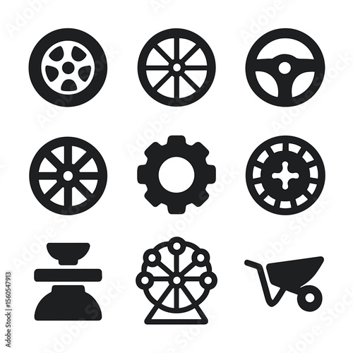 Diverse Wheel Icons. Solid, filled icon set of wheel: car wheel, bicycle wheel, steering wheel, wagon wheel, gear wheel, roulette