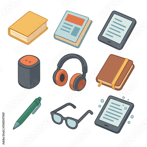 Relaxation Icon Set. Isometric Flat icon set of Relaxation and Entertainment: paperback book, magazine, tablet, portable speaker,