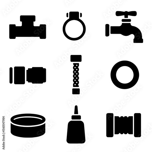 DIY Plumbing Icons. Solid, Filled icon set of DIY plumbing supplies: T-joint, pipe clamp, hose bibb, quick-connect fitting,