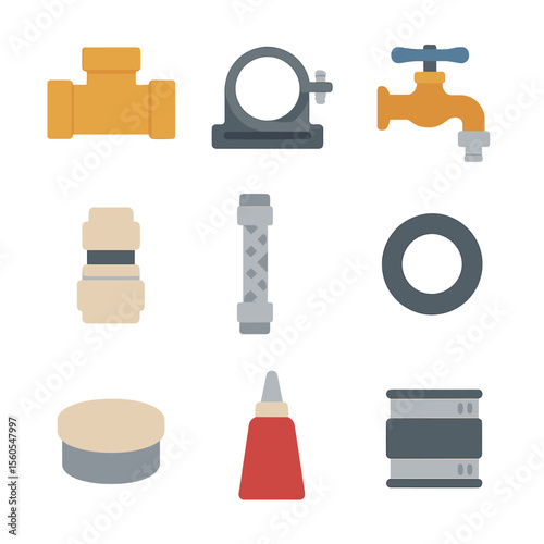 DIY Plumbing Icon Set. Flat icon set of DIY plumbing supplies: T-joint, pipe clamp, hose bibb, quick-connect fitting, braided