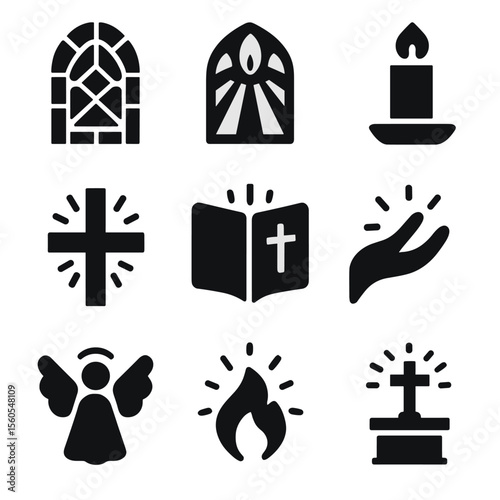 Religious Light Icons. Solid, filled icon set of religious light imagery: stained glass, cathedral light, prayer candle, cross