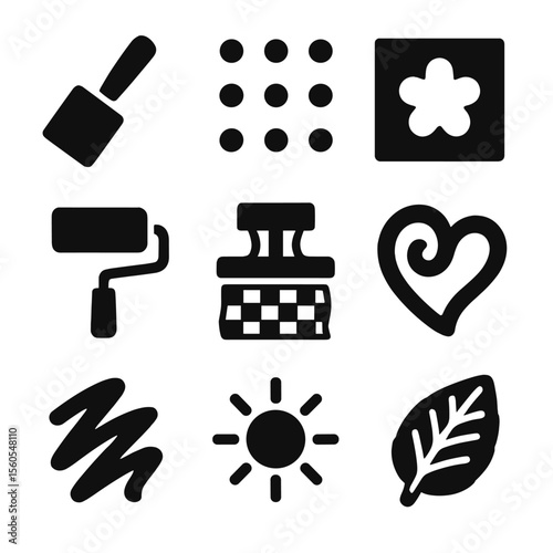 DIY Texture Painting Icons. Solid, filled icon set of DIY texture painting: foam brush, raised dots, stencil shape, texture roller