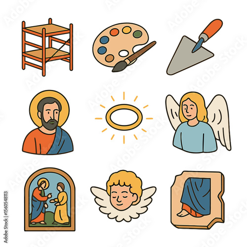 Religious Icons Grid. Isometric Flat icon set of religious frescoes and murals: fresco scaffold, pigment palette, plaster trowel,