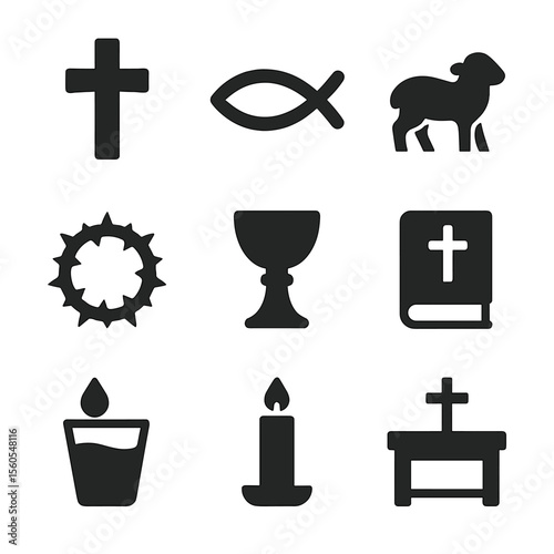 Religious Symbol Icon Set. Solid, filled icon set of religious symbols: cross, fish symbol, lamb, crown of thorns, chalice, Bible,