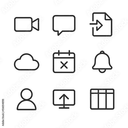 Remote Collaboration Icons. Outline icon set of remote collaboration tools: video camera, chat bubble, shared document, cloud