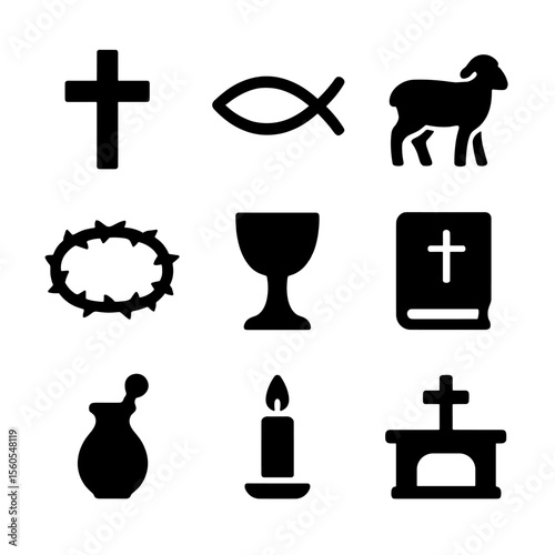 Religious Symbol Icon Set. Solid, filled icon set of religious symbols: cross, fish symbol, lamb, crown of thorns, chalice, Bible,