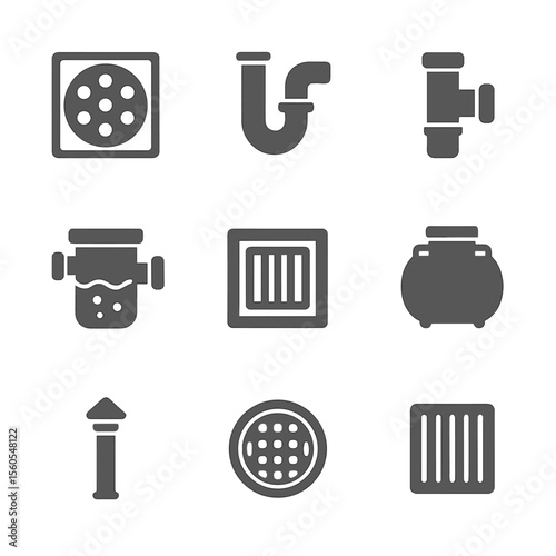 Drainage Components Icons. Flat icon set of drainage and sewer components: floor drain, trap assembly, sewer clean-out, grease