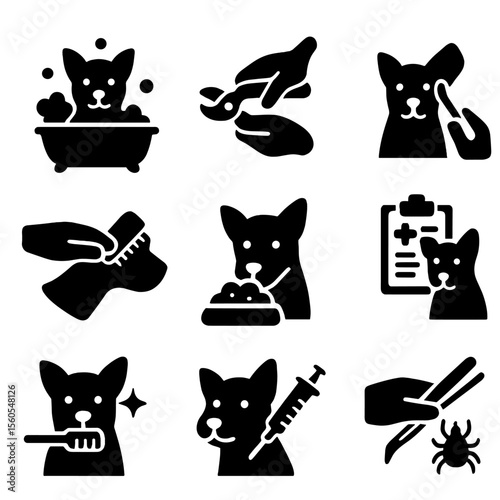 Dog Care Icons. Solid, filled icon set of dog care routines: bath tub, nail trimming, ear cleaning, brushing fur, feeding time,