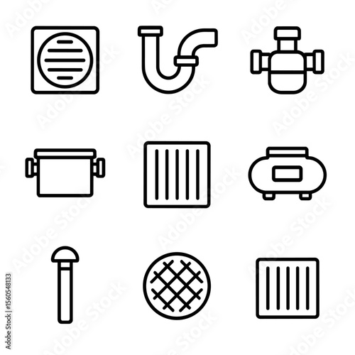 Drainage Components Icons. Outline icon set of drainage and sewer components: floor drain, trap assembly, sewer clean-out, grease