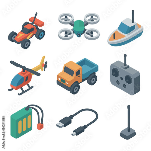 Remote Control Icon Set. Isometric Flat icon set of remote control toy vehicles: RC car, RC drone, RC boat, RC helicopter, RC