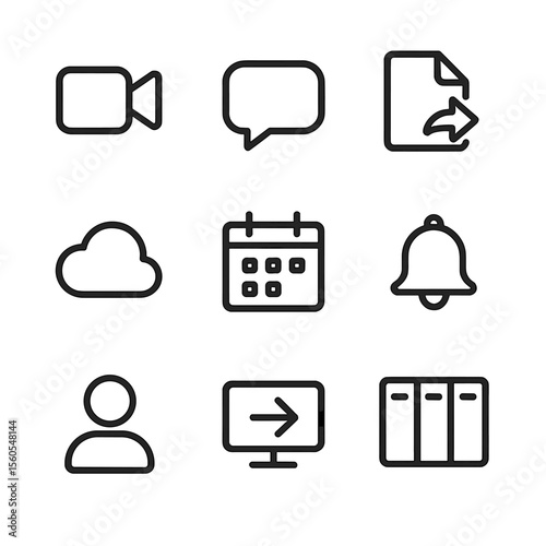 Remote Collaboration Icons. Outline icon set of remote collaboration tools: video camera, chat bubble, shared document, cloud