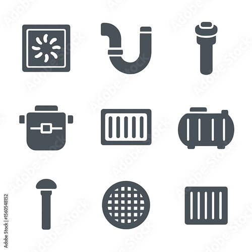 Drainage Components Icons. Flat icon set of drainage and sewer components: floor drain, trap assembly, sewer clean-out, grease