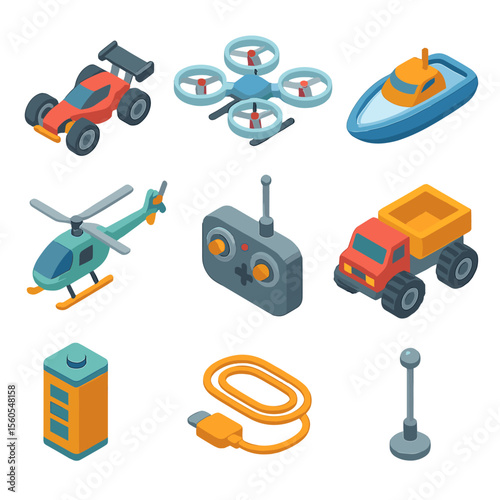Remote Control Icon Set. Isometric Flat icon set of remote control toy vehicles: RC car, RC drone, RC boat, RC helicopter, RC