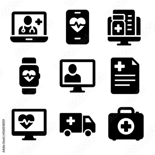 Remote Healthcare Icons. Solid, filled icon set of remote healthcare: telemedicine, health app, online prescription, wearable