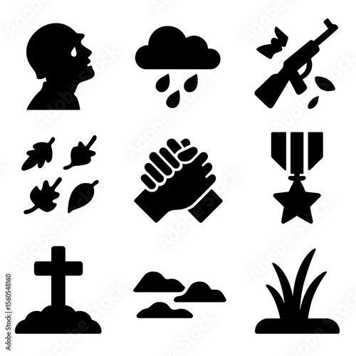 Dramatic Soldier Icons. Solid, filled icon set of a dramatic moment of a soldier looking up to the sky in despair: soldier