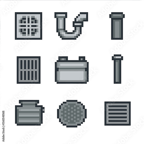 Drainage Components Icons. Pixel art icon set of drainage and sewer components: floor drain, trap assembly, sewer clean-out,
