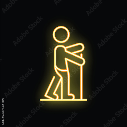 Glowing yellow neon sign of an elderly man walking with a cane on black background