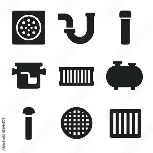 Drainage System Icons. Solid, Filled icon set of drainage and sewer components: floor drain, trap assembly, sewer clean-out,