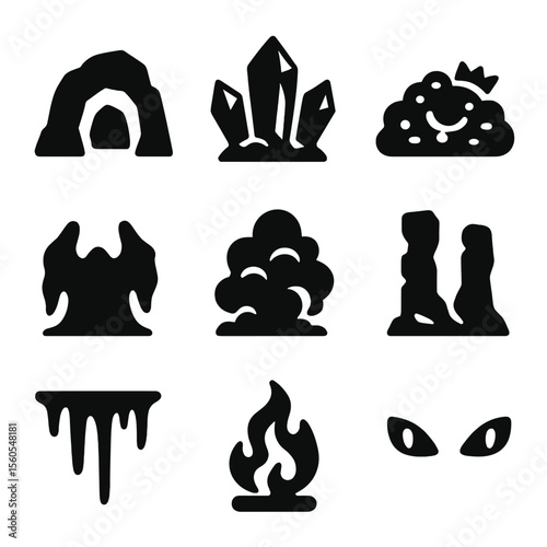 Dragon Lair Icons. Solid, filled icon set of dragon lair environment: rocky cave, glowing crystals, treasure pile, dark shadows,