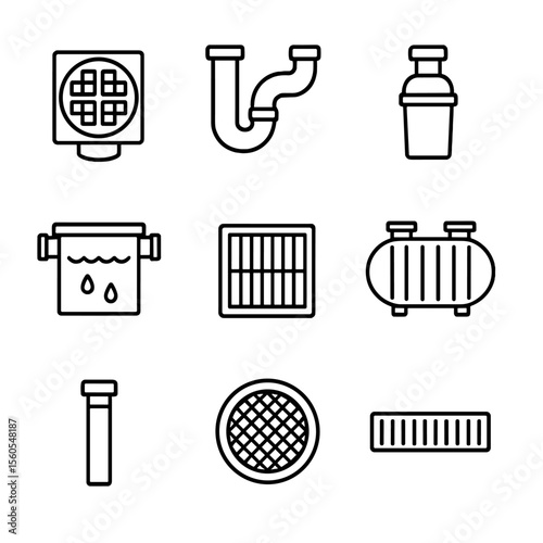 Drainage Components Icons. Outline icon set of drainage and sewer components: floor drain, trap assembly, sewer clean-out, grease