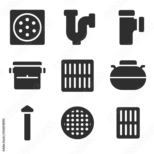 Drainage System Icons. Solid, Filled icon set of drainage and sewer components: floor drain, trap assembly, sewer clean-out,
