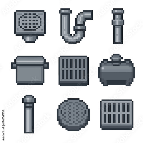 Drainage Components Icons. Pixel art icon set of drainage and sewer components: floor drain, trap assembly, sewer clean-out,