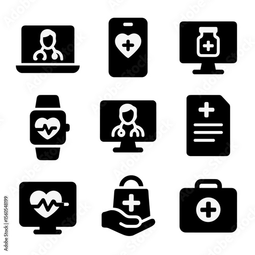 Remote Healthcare Icons. Solid, filled icon set of remote healthcare: telemedicine, health app, online prescription, wearable