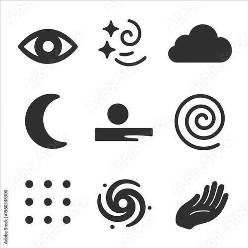 Dreamscape Icon Grid. Flat icon set of dreamlike stare: floating eye, swirling stars, cloud form, crescent moon, distant horizon,