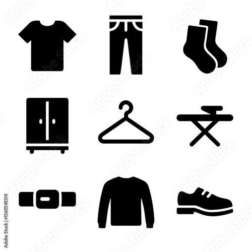 Dressing Essentials Icons. Solid, filled icon set of dressing for the day: t-shirt, jeans, socks, shoes, closet, clothes hanger,