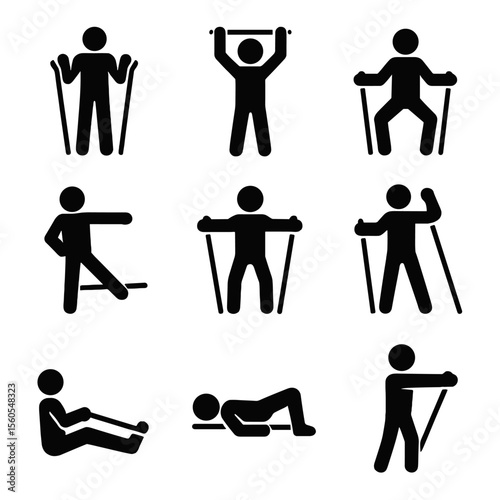 Resistance Band Exercise Icons. Solid, filled icon set of resistance band exercises: bicep curl, shoulder press, squat with band,
