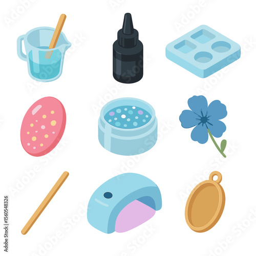 Resin Crafting Icons. Isometric Flat icon set of resin jewelry crafting: resin mixing cup, UV resin bottle, silicone mold,