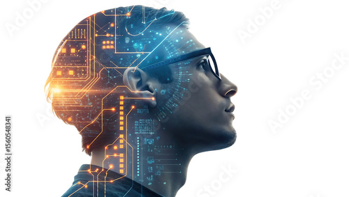 Man s head overlaid with glowing digital circuits and data streams representing artificial intelligence