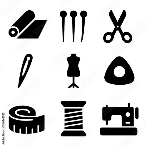 Dressmaking Icons Layout. Solid, filled icon set of dressmaking essentials: fabric bolt, pins, scissors, sewing needle, mannequin,