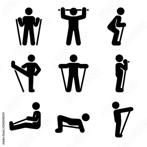 Resistance Band Exercise Icons. Solid, filled icon set of resistance band exercises: bicep curl, shoulder press, squat with band,