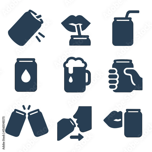 Drinking Actions Icons. Flat icon set of drinking actions: tilted can, sipping lips, straw insertion, condensation droplet, foam