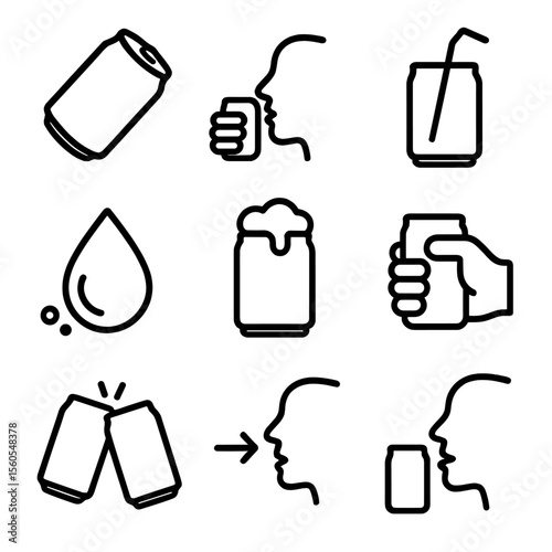 Drinking Icons Set. Outline icon set of drinking actions: tilted can, sipping lips, straw insertion, condensation droplet, foam