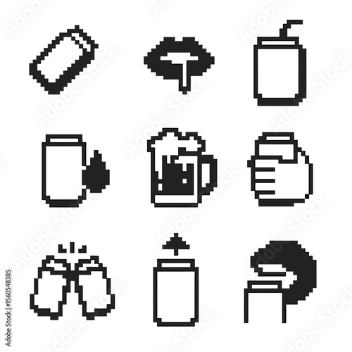 Drinking Actions Icons. Pixel art icon set of drinking actions: tilted can, sipping lips, straw insertion, condensation droplet,