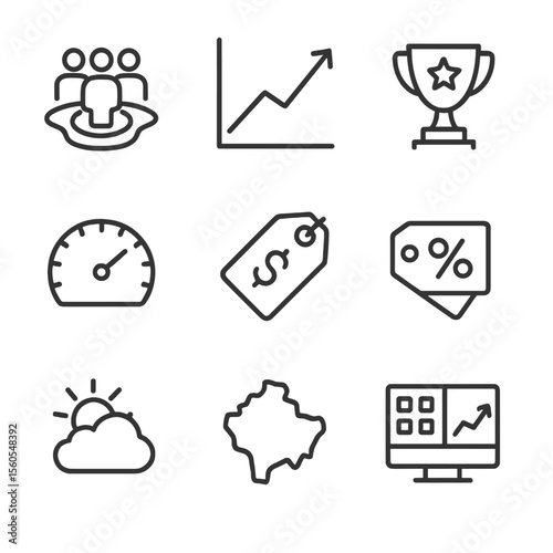 Retail Analytics Icons. Outline icon set of retail analytics: foot traffic heatmap, sales trend line, top-selling product trophy,