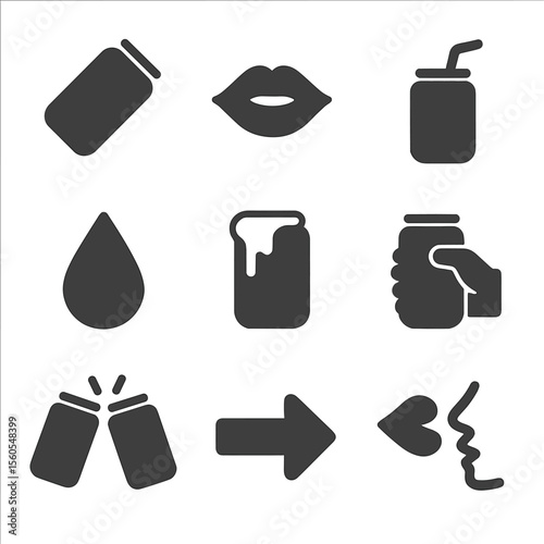 Drinking Actions Icons. Flat icon set of drinking actions: tilted can, sipping lips, straw insertion, condensation droplet, foam