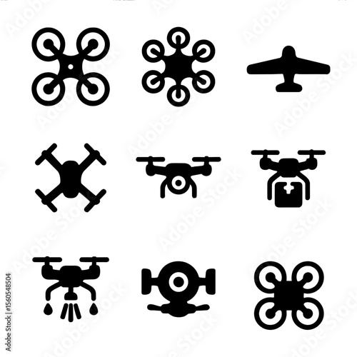 Drone Icons Grid. Solid, filled icon set of drone types: quadcopter, hexacopter, fixed-wing drone, racing drone, camera drone,